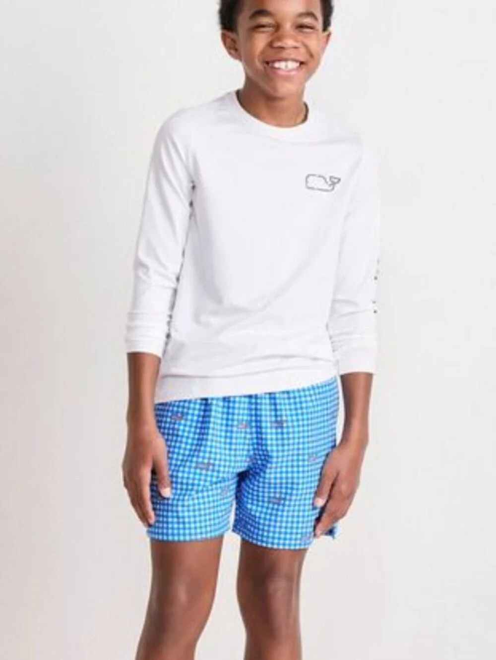 Vineyard Vines Boys Chappy Swim Trunks Blue Gingham Check American Flag Whales M
